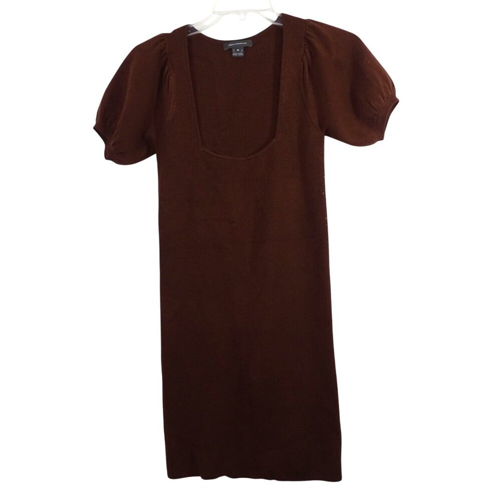 French Connection Brown Knit Ribbed Sweater Dress Women Size M Short Sleeve